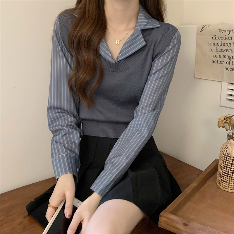 POLO领假两件短款针织马甲女