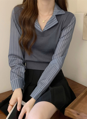 学院风polo领马甲衬衣假两件T恤女2026秋冬法式复古短款别致上衣