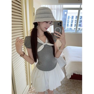 甜美百搭显瘦上衣 夏季 新款 波点蝴蝶结设计短袖 T恤女正肩拼接修身