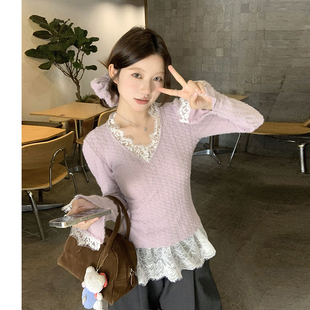 新款 甜辣妹蕾丝花边V领长袖 显瘦别致设计打底衫 t恤女秋季 上衣 修身