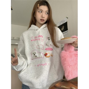 重磅纯棉韩系可爱小狗连帽卫衣女2025秋冬加绒慵懒风宽松上衣外套