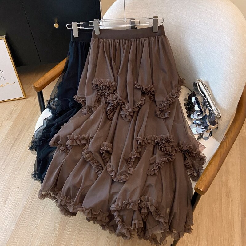加厚木耳边拼接网纱半身裙2026冬季设计感不规则蓬蓬A字蛋糕裙女