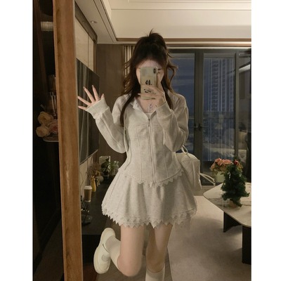 学院韩系甜美灰色时尚连帽休闲蕾丝春秋上衣卫衣高腰蓬蓬短裙套装