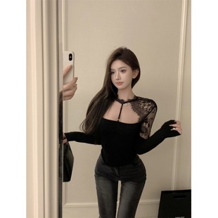 性感蕾丝镂空T恤女秋季2024新款设计感小众美背挂脖百搭上衣ins潮