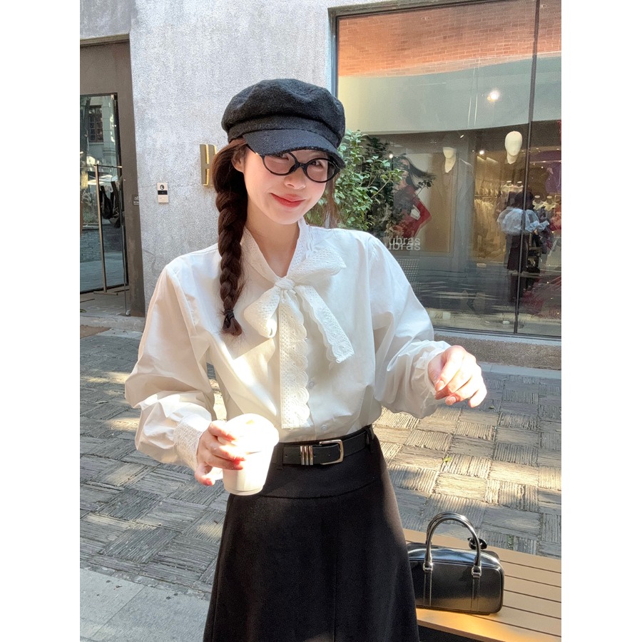 法式甜美蕾丝花边白色长袖新款衬衫宽松蝴蝶结衬衣设计气质上衣