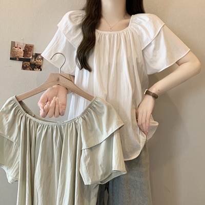 大码甜美复古方领法式短袖衬衫泡泡mm宽松显瘦夏季短袖上衣雪纺衫