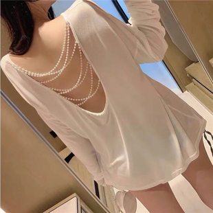200斤t恤 春夏设计感心机珍珠镂空宽松大码 长袖 露背上衣女2026新款