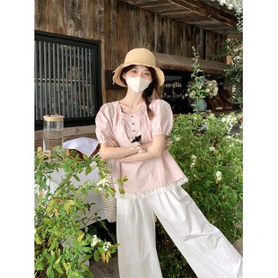 甜美减龄蕾丝花边泡泡衬衫2026短袖夏季新款宽松休闲百搭上衣套头