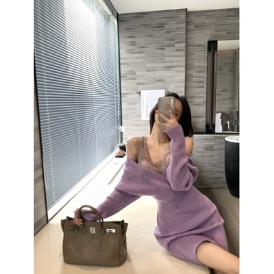 套装女2024秋冬新款纯欲风气质V领露肩针织连衣裙蕾丝背心两件套