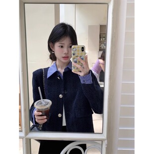 藏青色高级感格纹拼接小香风外套女2026早春新款时髦洋气设计上衣