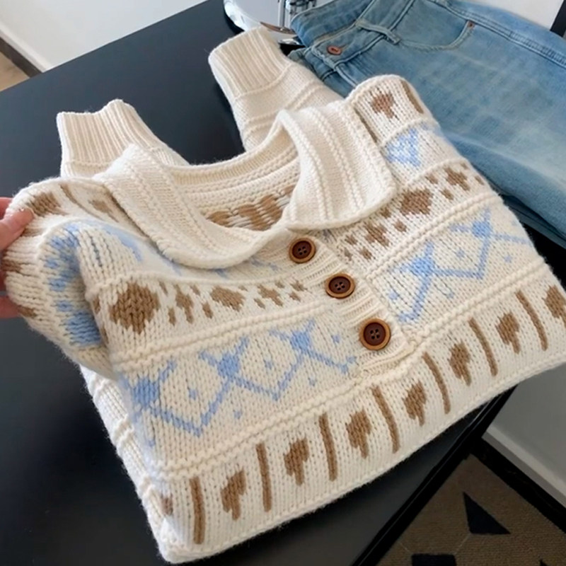 软糯提花费尔岛毛衣女秋冬季2026新款巨好看的polo翻领针织衫上衣