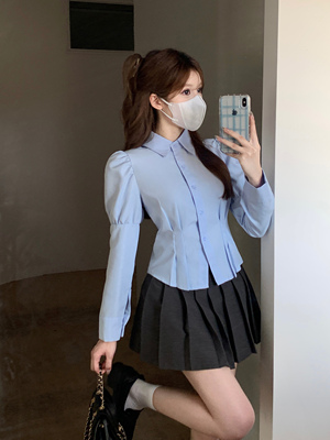 蓝色泡泡袖收腰衬衫女秋装长袖衬衣设计感小众短款内搭打底衫上衣