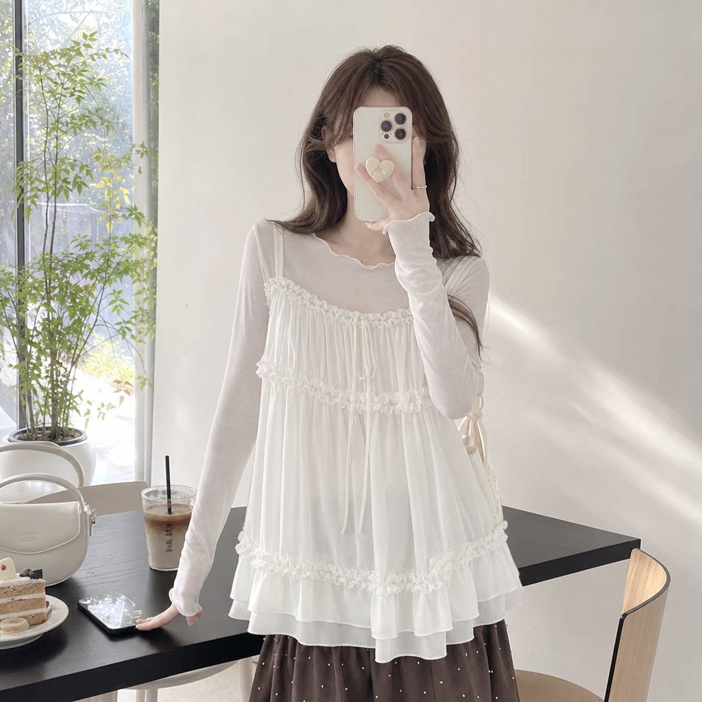 早春甜美木耳花边吊带背心两件套