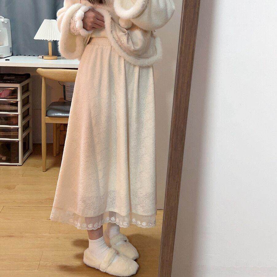 秋冬加厚松紧腰A字蕾丝半身裙