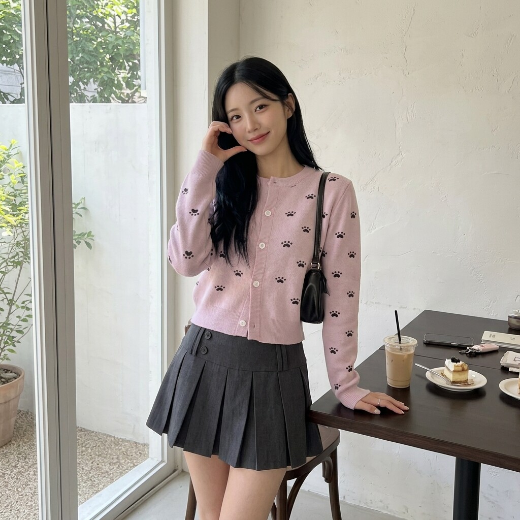 美式粉色狗爪印针织开衫女春秋