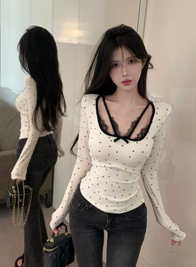 蝴蝶结打底衫设计感蕾丝上衣显瘦波点挂脖性感辣妹拼接长袖T恤女