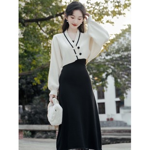 美拉德时尚套装秋冬毛衣宽松上衣外套显瘦遮肚吊带连衣裙两件套女