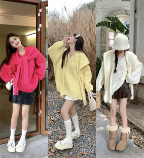 慵懒风宽松长袖连帽毛衣女初秋穿搭韩系爆款通勤针织衫两件套上衣