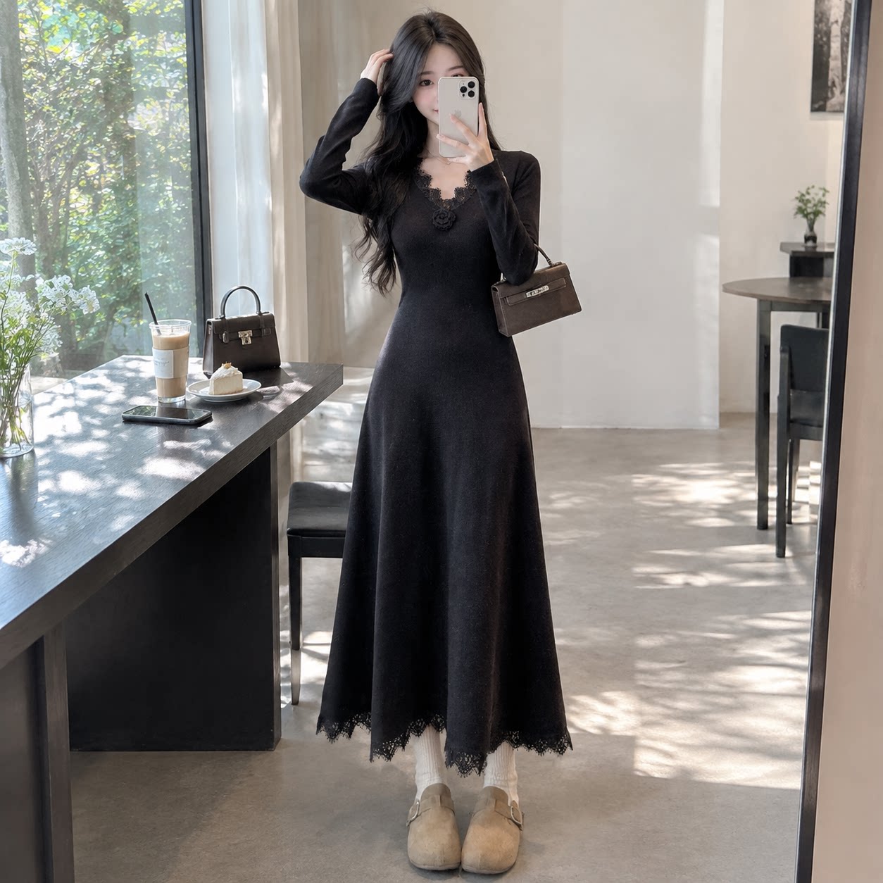 法式花朵针织长款收腰连衣裙