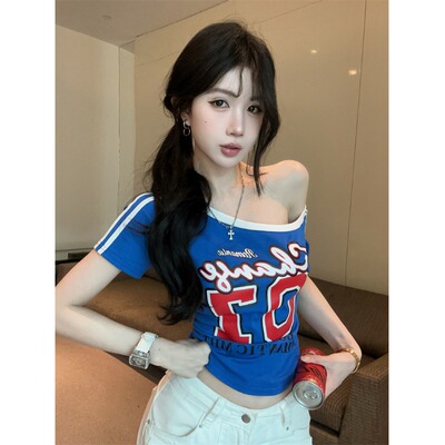夏季斜肩印花修身辣妹短袖T恤