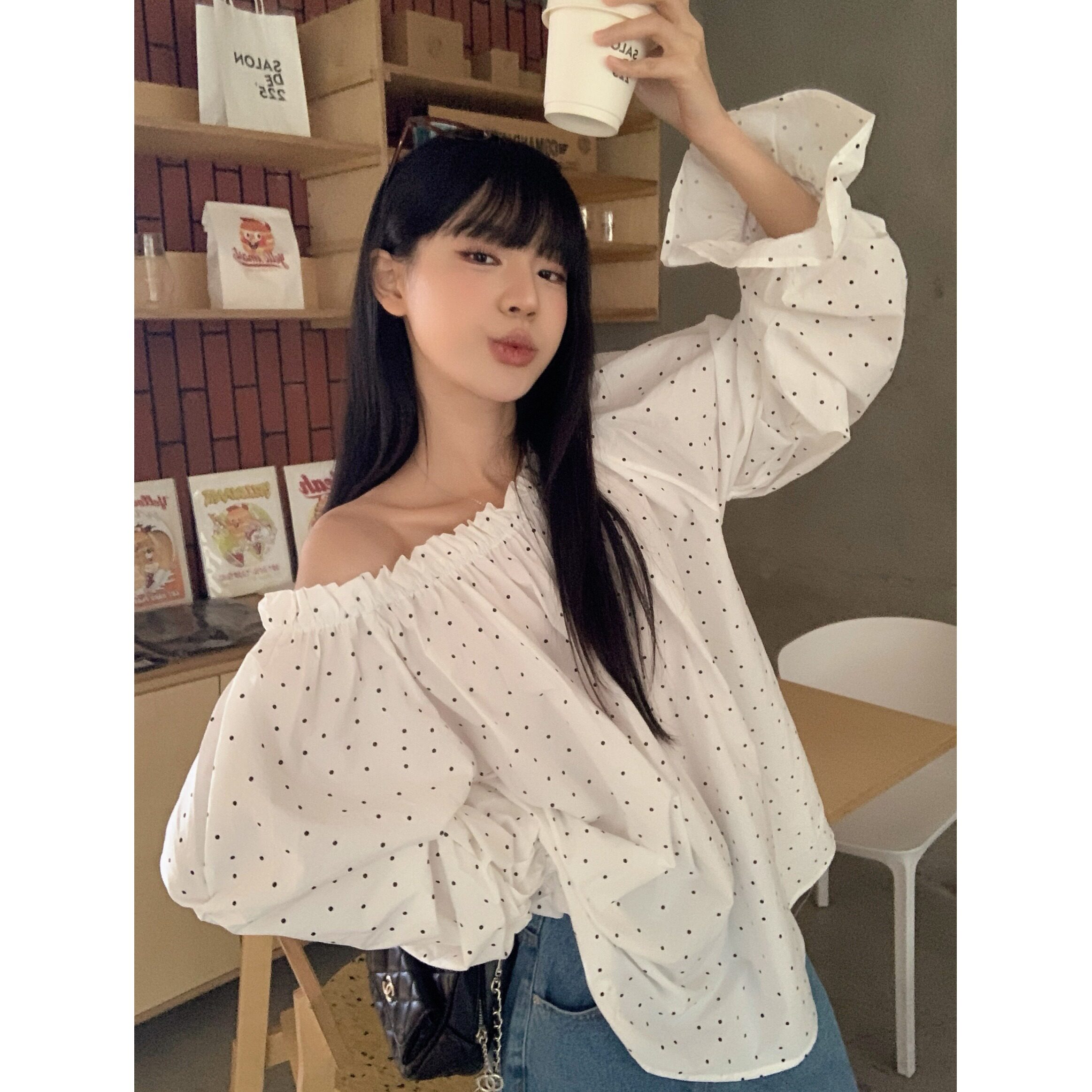 韩系甜美木耳边波点印花长袖衬衫2026夏季新款设计感宽松显瘦上衣