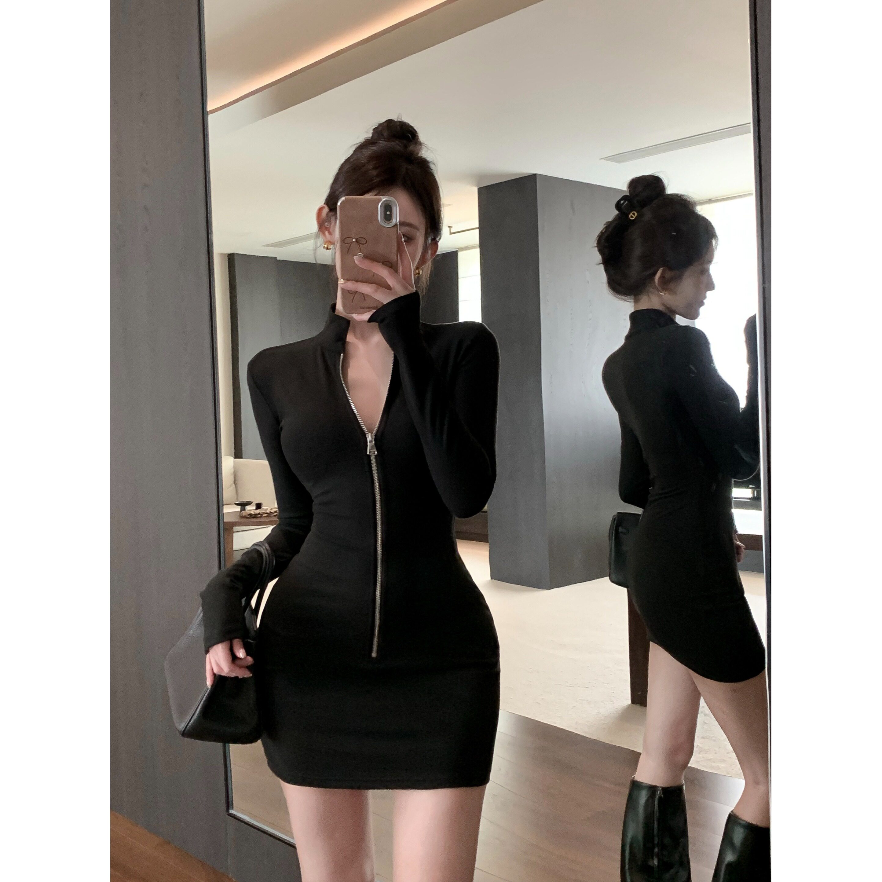 美式辣妹立领长袖连衣裙女秋冬修身加绒打底短裙显瘦收腰包臀裙子