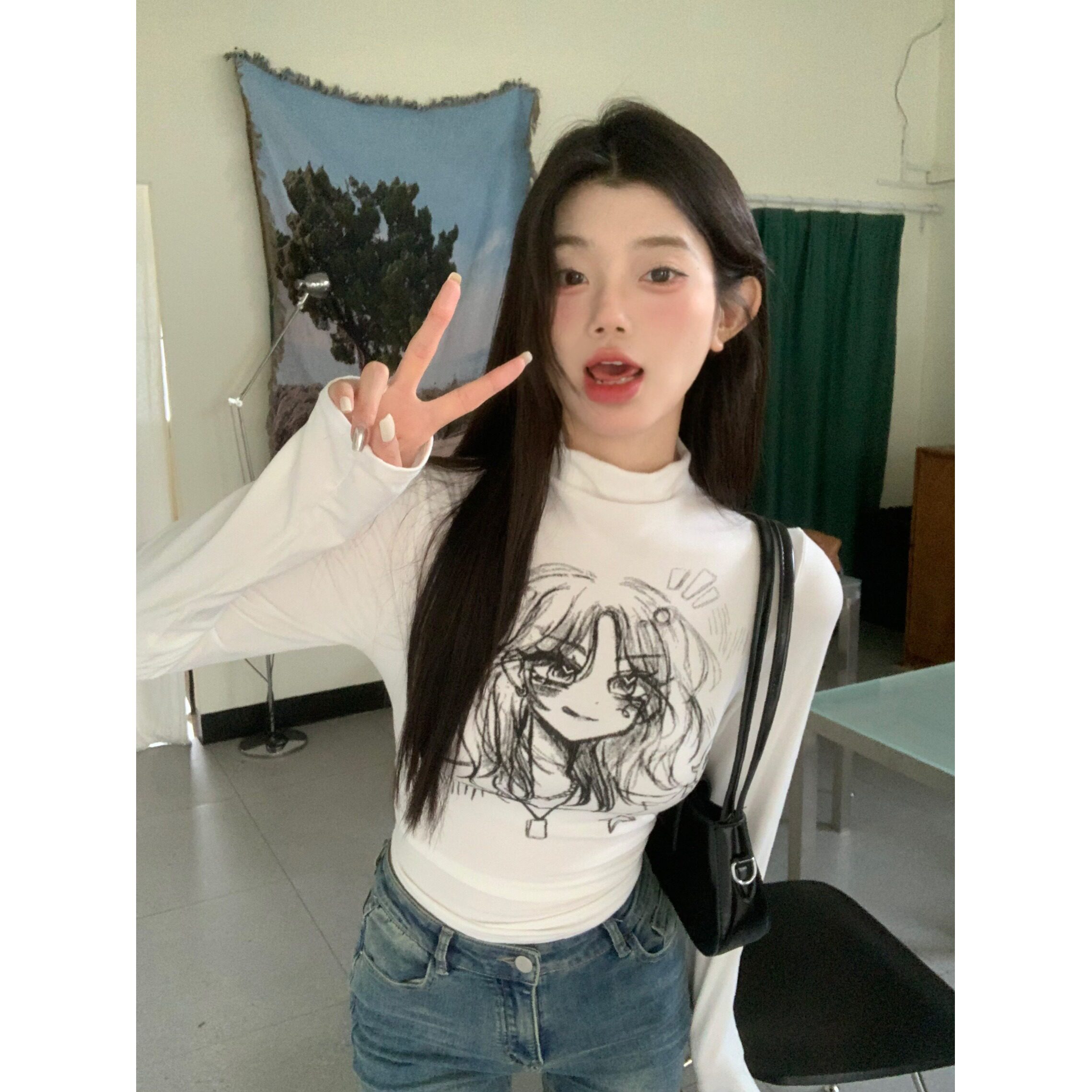 德绒半高领保暖紧身长袖T恤女
