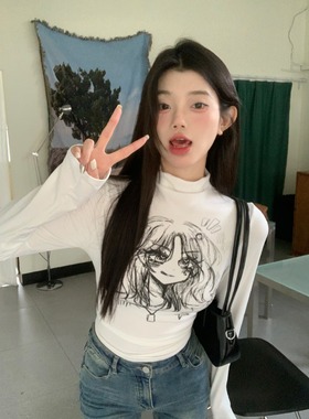 德绒半高领卡通长袖T恤女秋冬季韩版新款保暖内搭打底衫紧身上衣