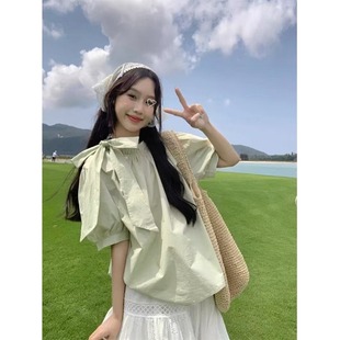 上衣 薄荷曼波泡泡袖 衬衫 女夏季 甜美风系带蝴蝶结别致衬衣宽松短袖