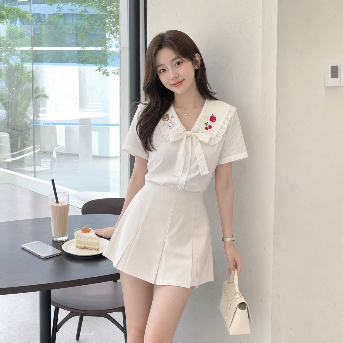 夏季杏色法式娃娃领刺绣短袖衬衫
