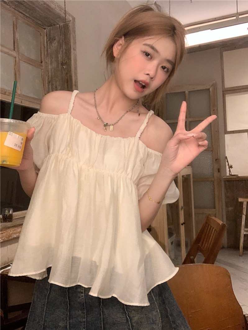 日系一字领吊带雪纺衬衫女装夏季2024新款甜美温柔风宽松短款上衣