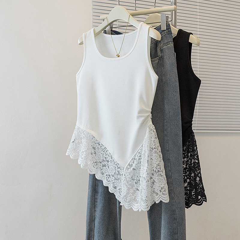 纯棉女装领蕾丝拼接不规则设计感春夏新款大码时尚风潮女白色背心