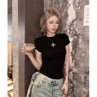 美式复古辣妹立体刺绣紧身短袖T恤女显瘦短款上衣春夏网红甜美