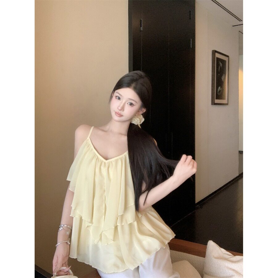 荷叶边黄色飘带v领吊带背心女夏季无袖外穿宽松韩系甜美百搭上衣