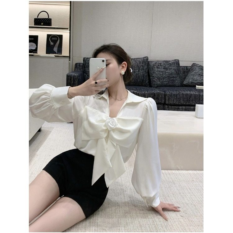 百搭蝴蝶结衬衫女春秋新款设计感别致长袖小个子洋气衬衣外穿上衣