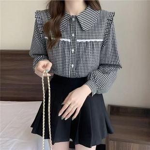黑白格子衬衫长袖春秋新款洋气花边蕾丝内搭衬衣宽松娃娃领上衣