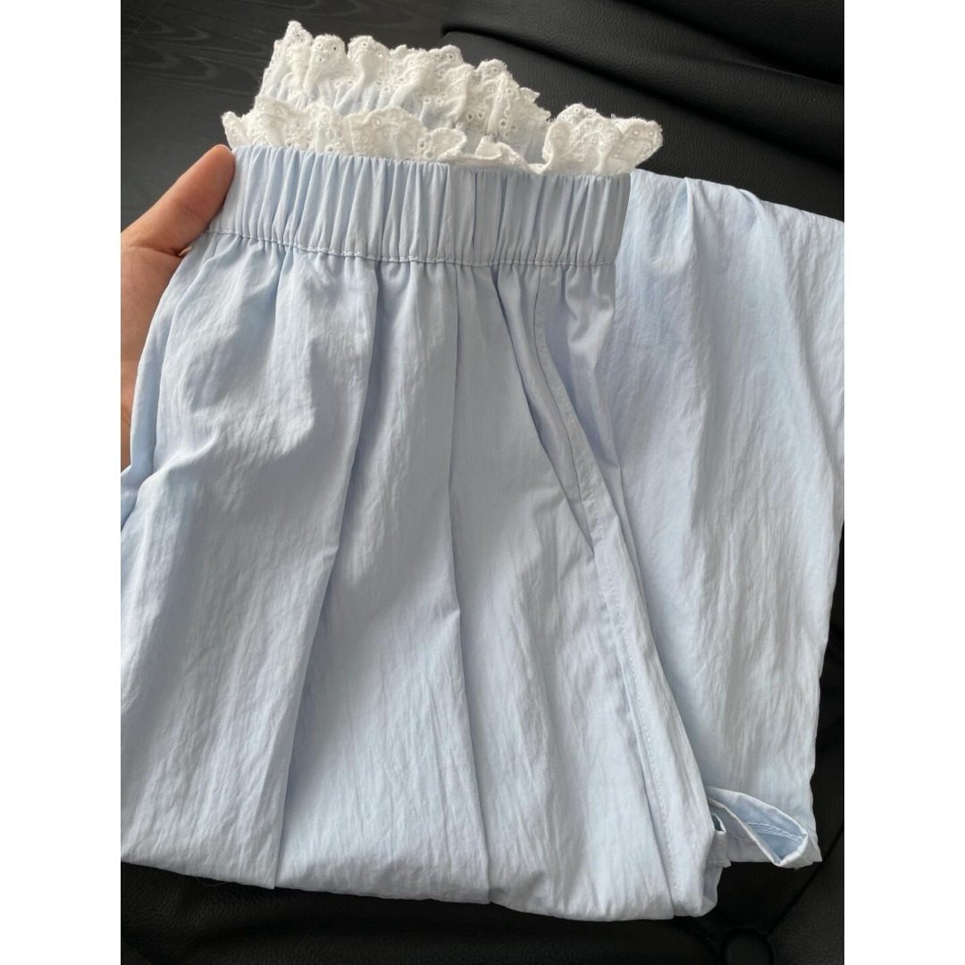 睡裤女夏季新款春秋款松紧腰波点蕾丝花边拼接慵懒风垂感阔腿裤子