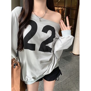 棉质美式复古字母印花斜肩卫衣女早秋慵懒风休闲宽松oversize上衣