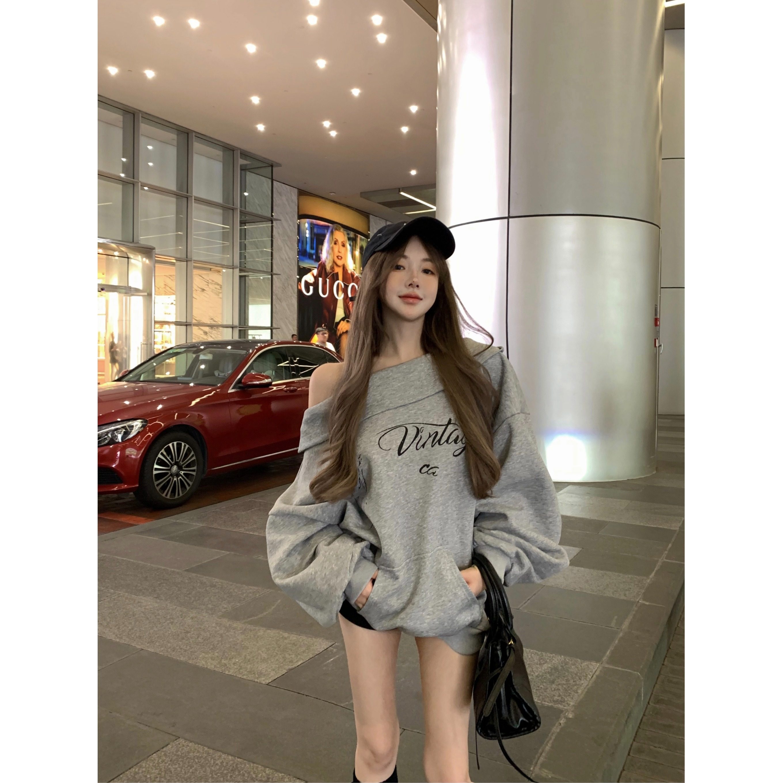 美式复古灰色斜肩长袖卫衣女装秋季慵懒字母印花外套宽松罩衫上衣