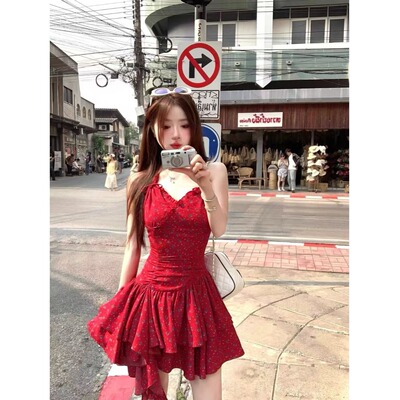 韩系ins穿搭红色碎花连衣裙