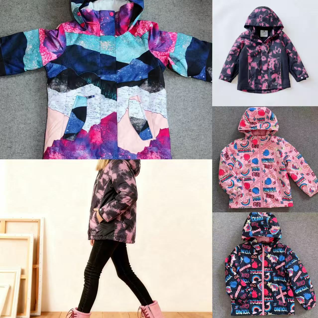 外单R家25新款时尚百搭女童绚丽彩色潮流保暖多彩冲锋衣外套棉服