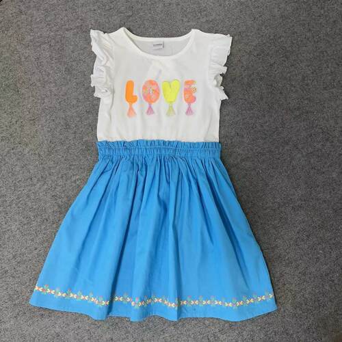 外单夏季新款女中大童110-160字母LOVE刺绣小飞袖公主连衣裙裙子