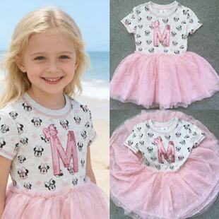 超美外单春夏女童2 12岁卡通米妮亮片网纱拼接蓬蓬公主连衣裙裙子