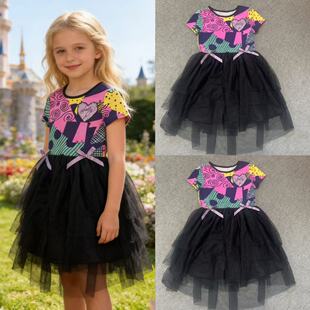 俏皮外单女童夏季4-14蝴蝶结网纱拼接涂鸦式日常万圣节连衣裙裙子