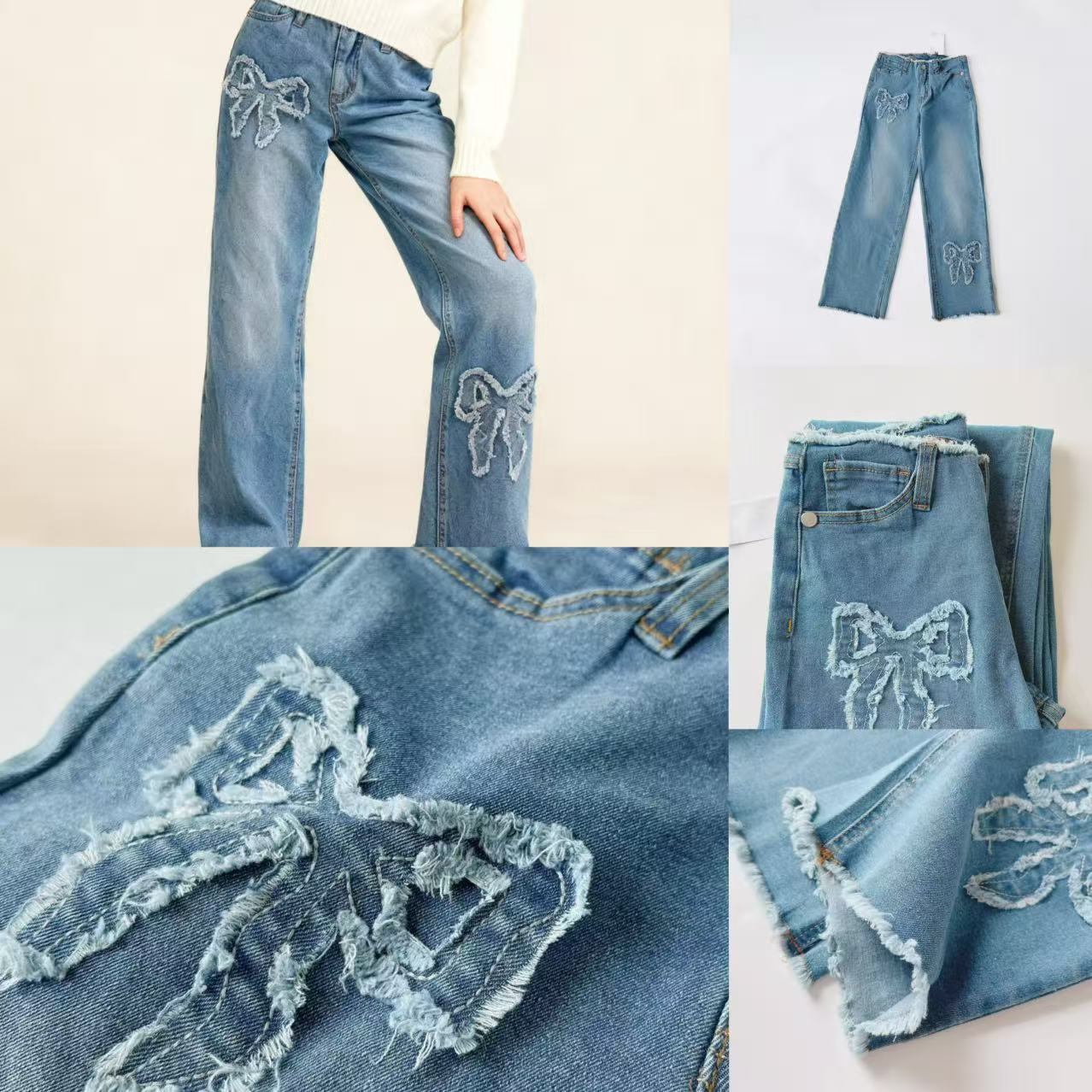 自留外单女童中大童蝴蝶百搭版型超美扣子可调节牛仔裤直筒裤裤子