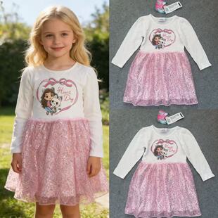 连衣裙裙子 小女孩卡通小猫拼接亮片公主长袖 超美外单女童春季 新款