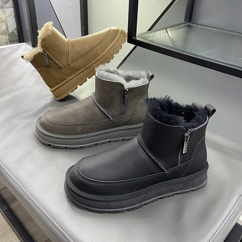 男鞋雪地靴棉鞋侧拉链真皮全羊毛