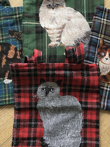 日本进口 松尾美雪猫咪格纹织花复古大容量手提单肩包