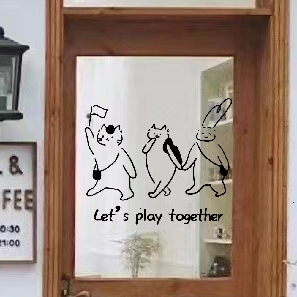 let play 萌萌哒猫咪排队咖啡店书店玻璃门装饰墙贴 防撞玻璃贴纸