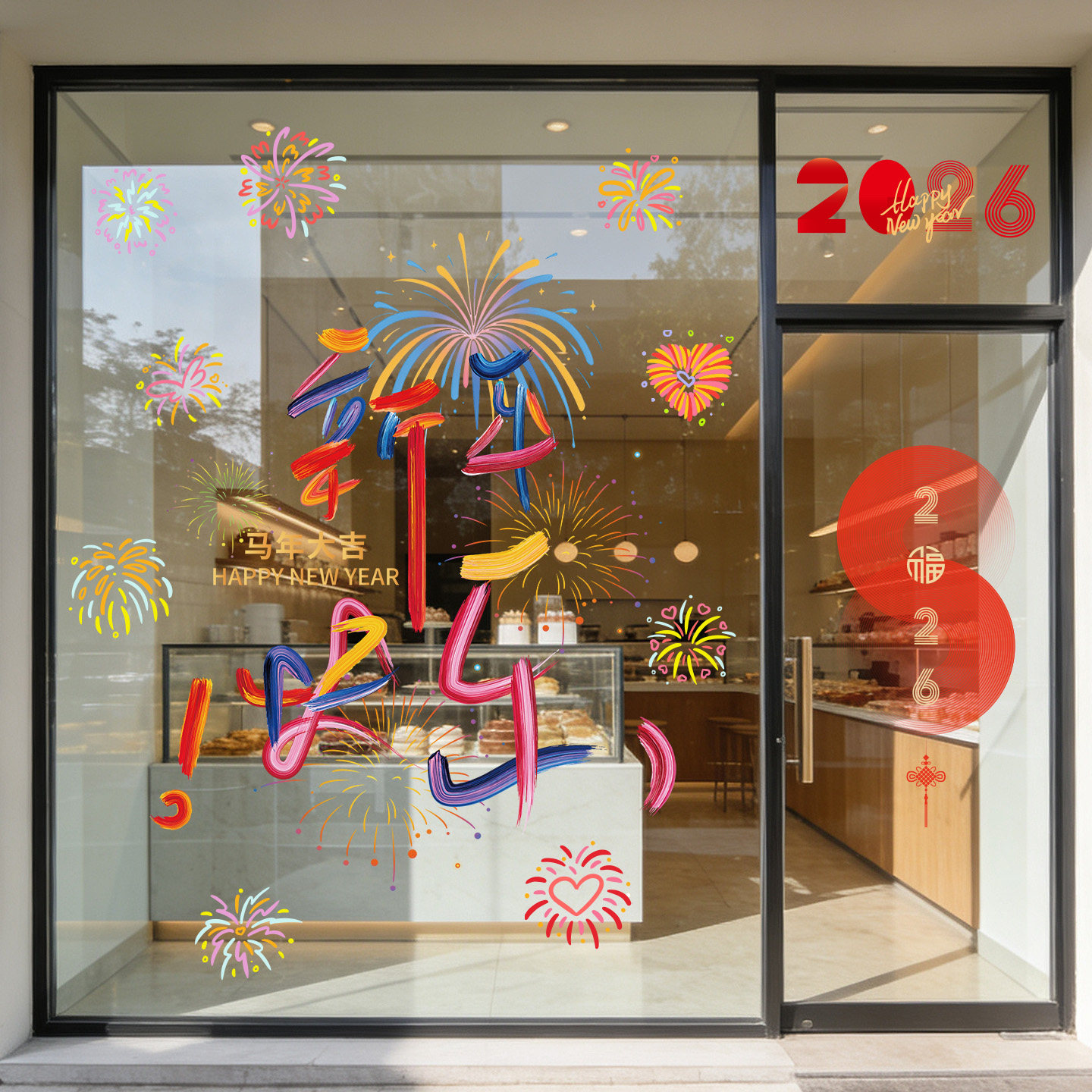 水彩字你好新年贴纸2026马年春节玻璃门装饰推拉门静电贴画
